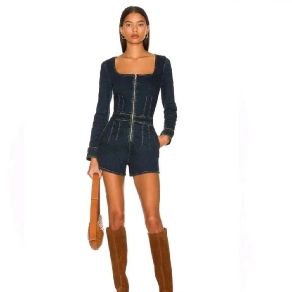 Free People x We the Free CRVY Blue Denim High Society Playsuit Romper US 6 - Picture 2 of 11